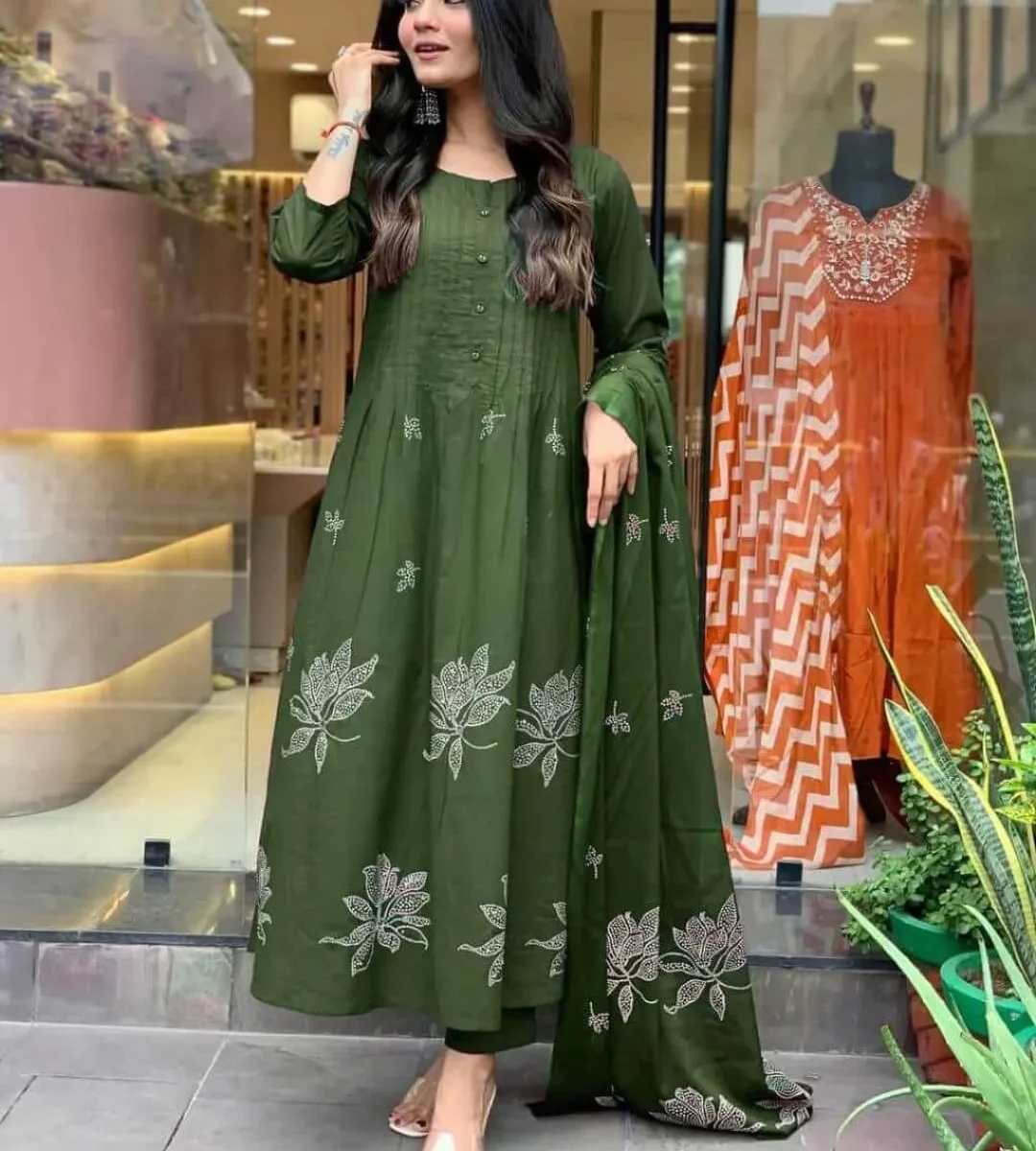 Cotton Dark Green Kurti Pant With Dupatta