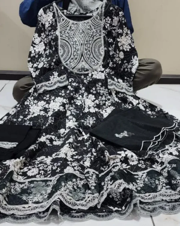 Black White Anarkali Kurti With Pant And Dupatta