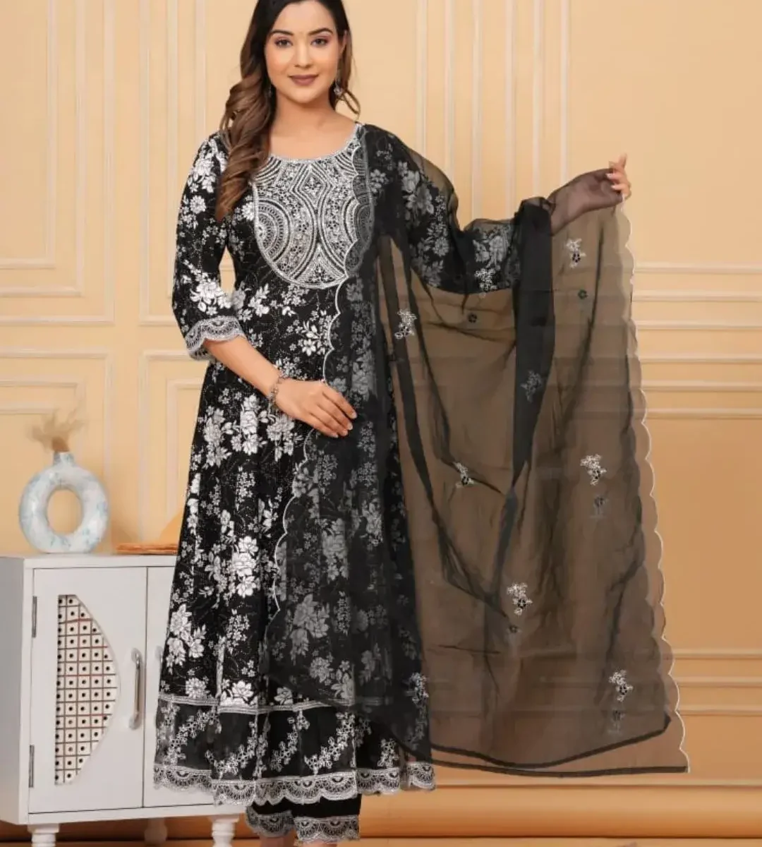 Black White Anarkali Kurti With Pant And Dupatta