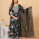 Black White Anarkali Kurti With Pant And Dupatta