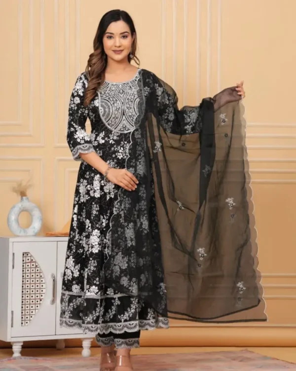 Black White Anarkali Kurti With Pant And Dupatta
