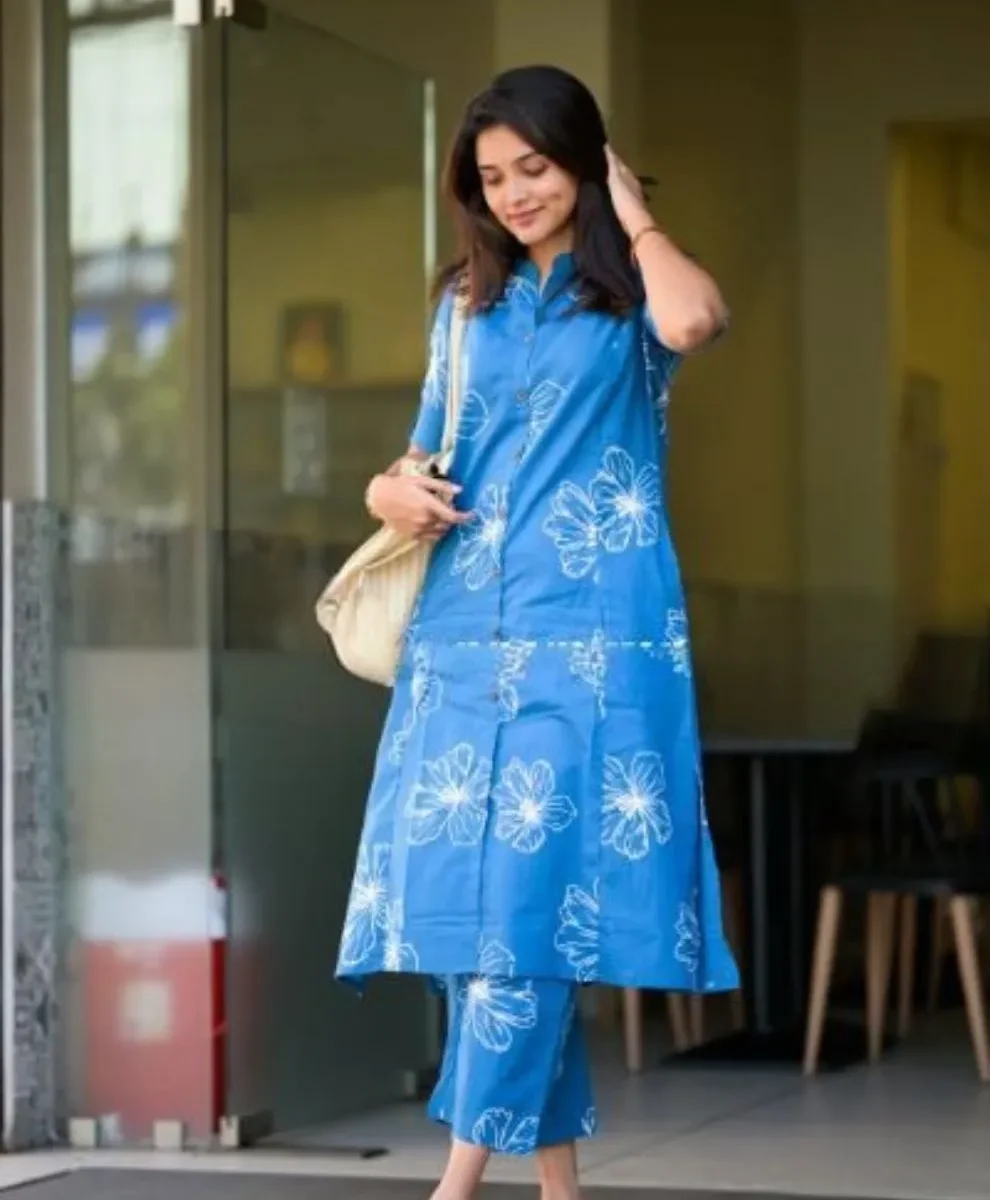 Cotton Blue And White Kurti With Pant 1