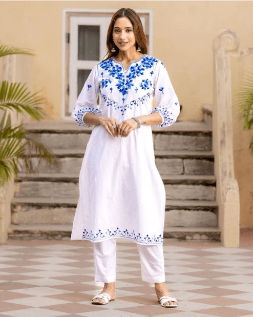 Cotton Blue & White Kurti with Pant 1