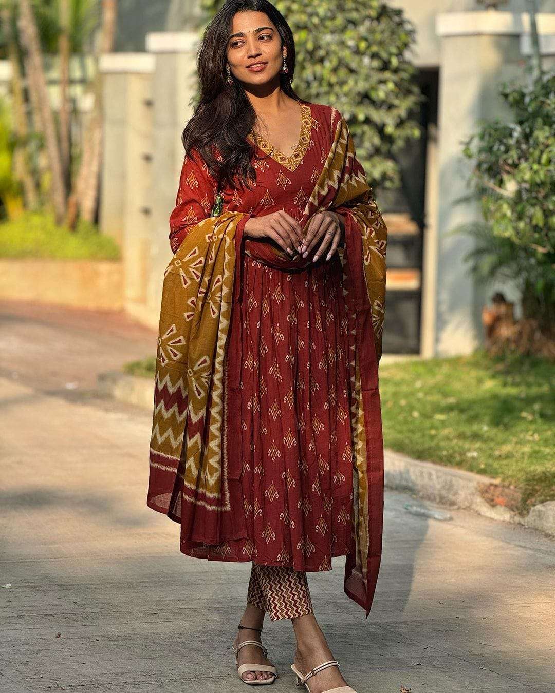 Cotton Maroon Anarkali Sanganeri Print Kurta With Pant And Dupatta