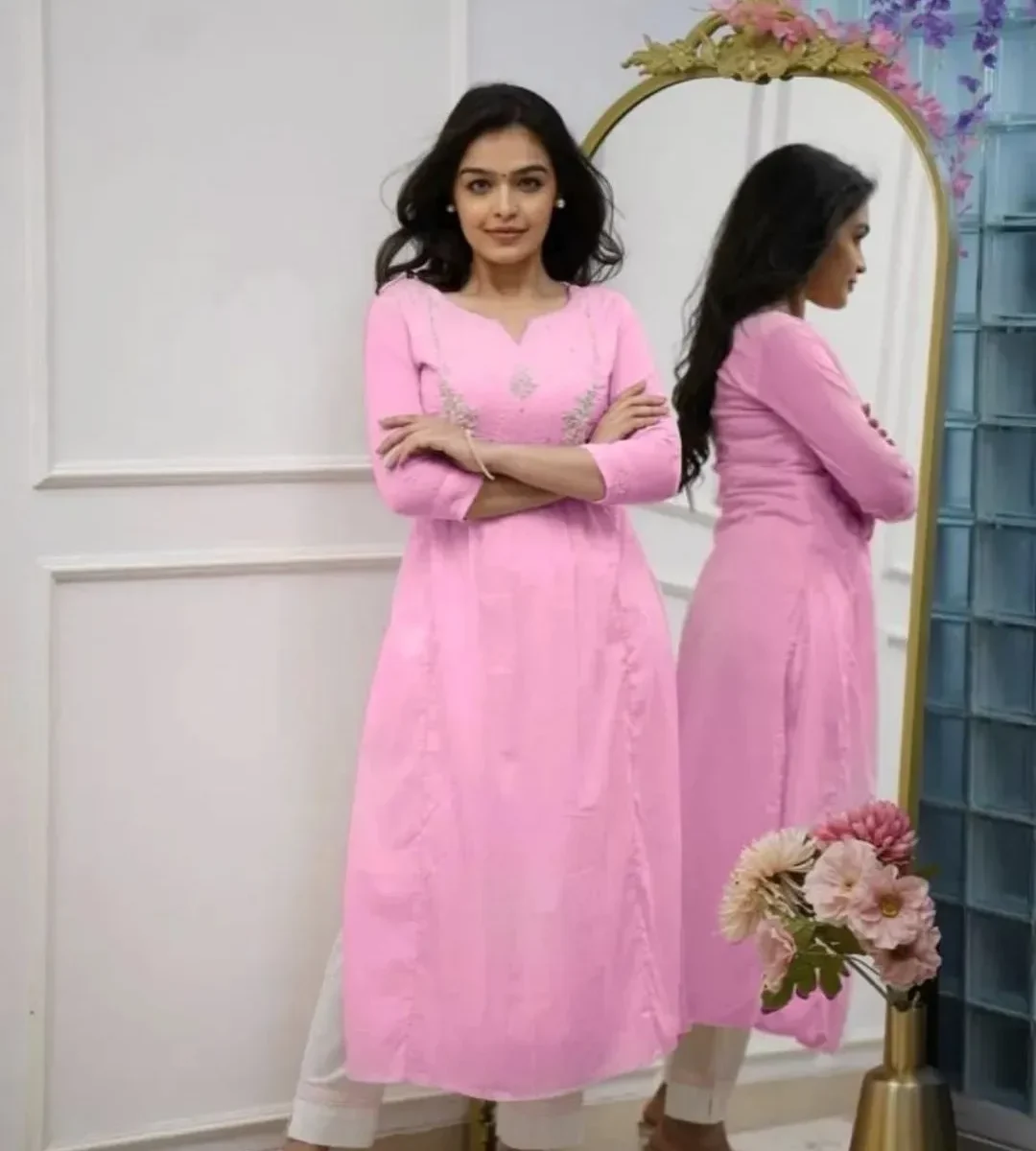 Floral Printed Pink Kurti With White Pant