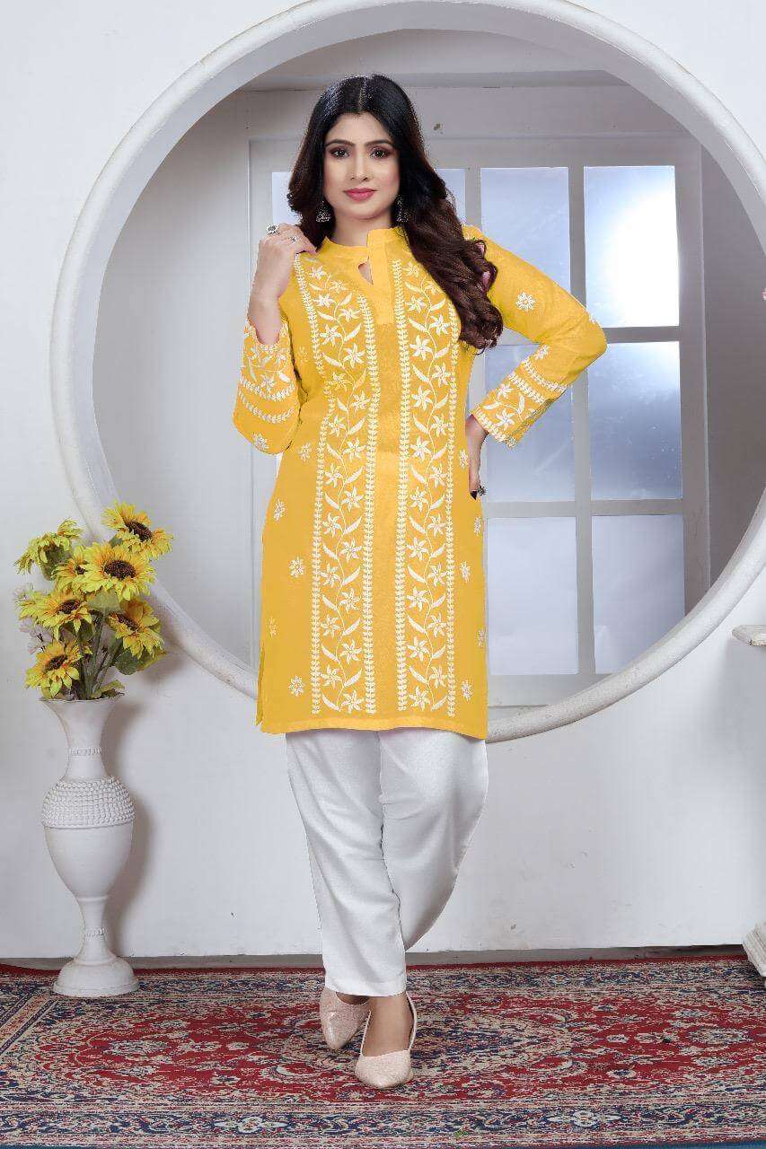 Yellow Chikankari Embroidery Short Kurti