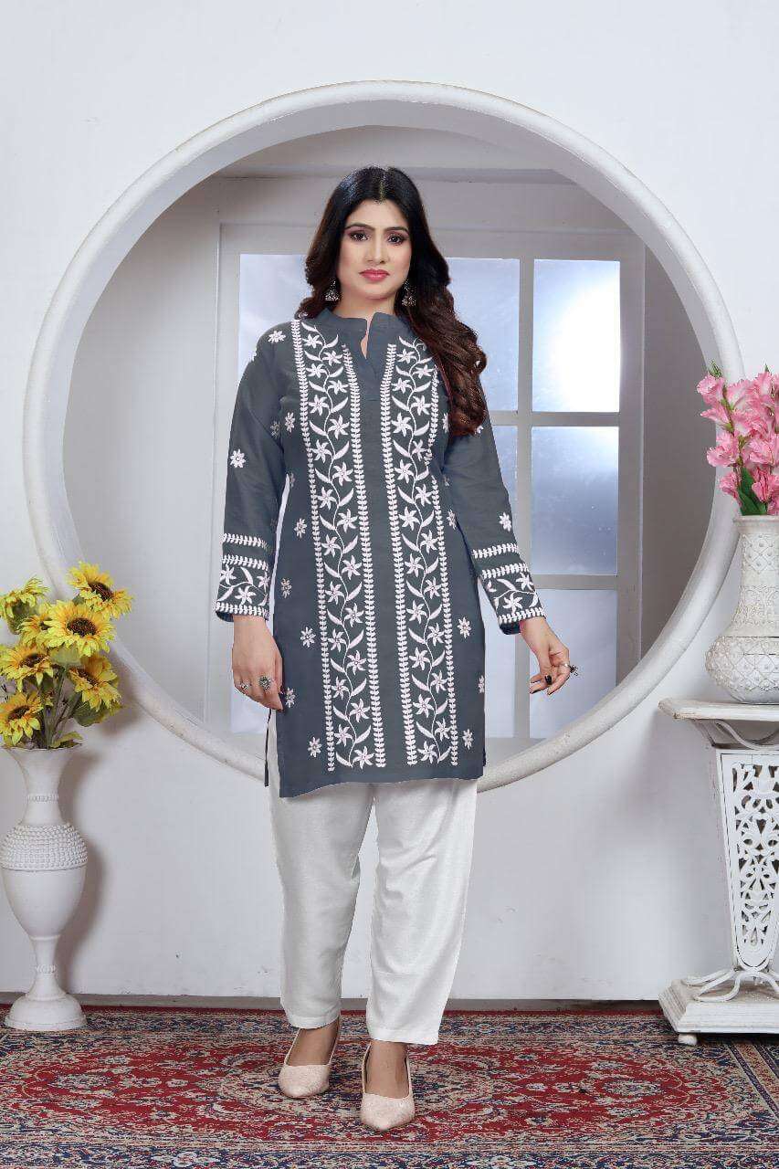 Grey Chikankari Embroidery Short Kurti With Pant