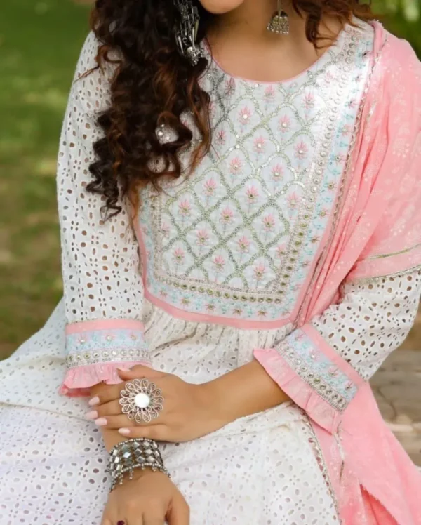 Pink White Anarkali Sanganeri Print Kurta Set