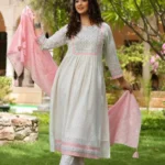 Pink White Anarkali Sanganeri Print Kurta Set