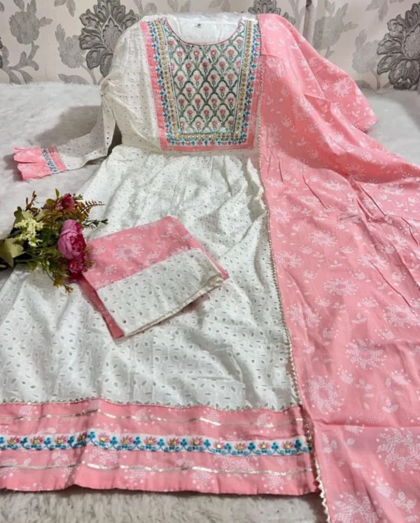 Pink White Anarkali Sanganeri Print Kurta Set