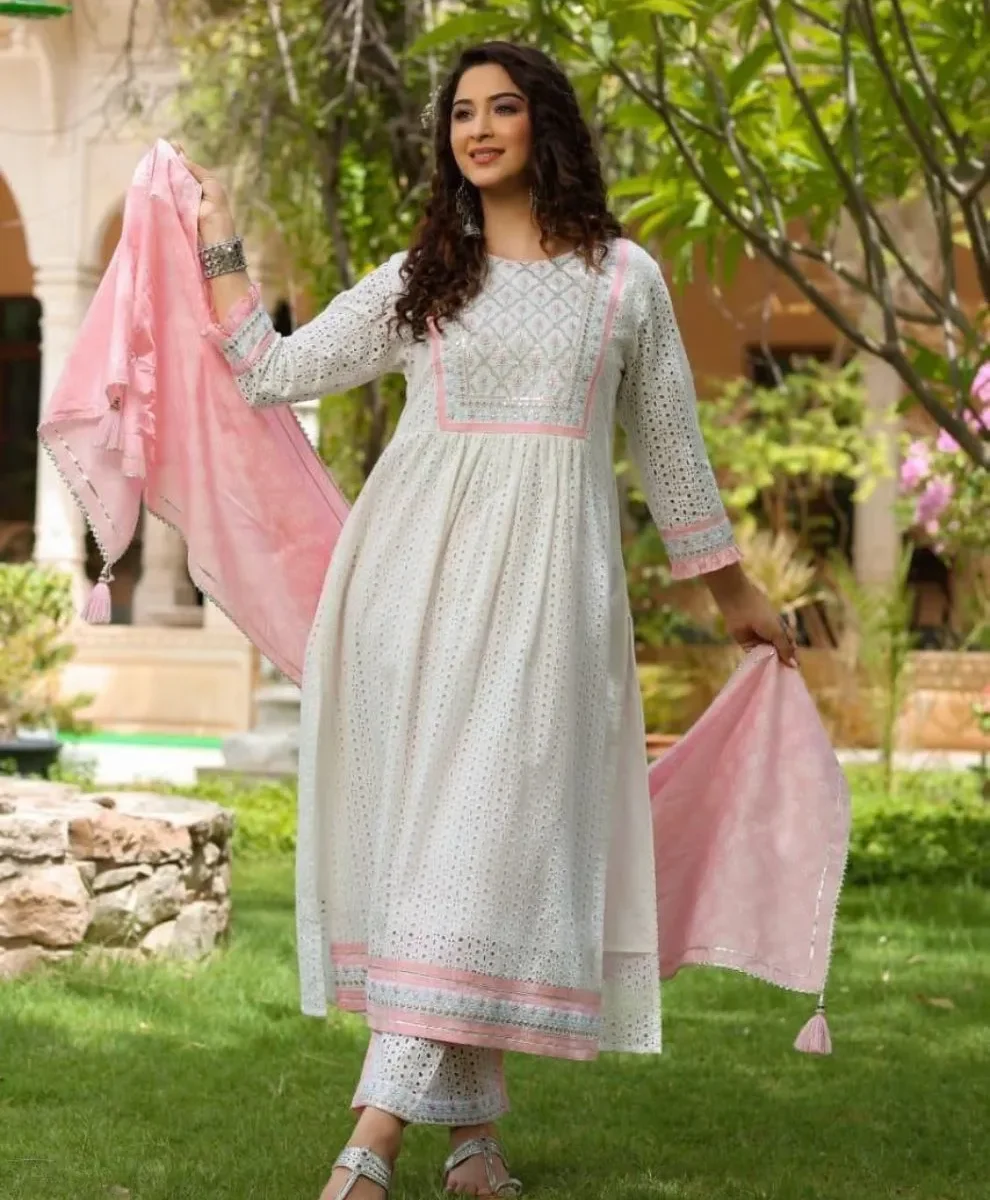 Pink White Anarkali Sanganeri Print Kurta Set