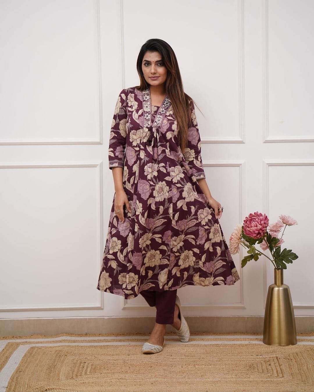 Floral Maroon Printed Kurti cord set