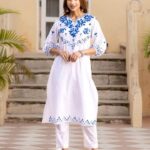 Cotton Blue And White Kurti With Pant