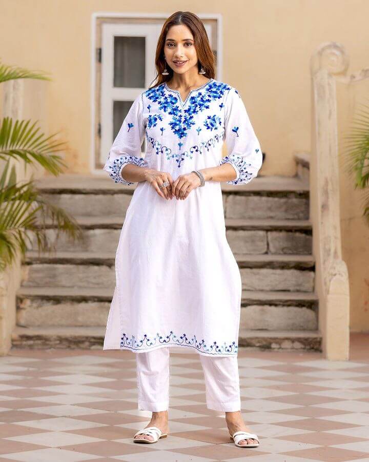 Cotton Blue And White Kurti With Pant