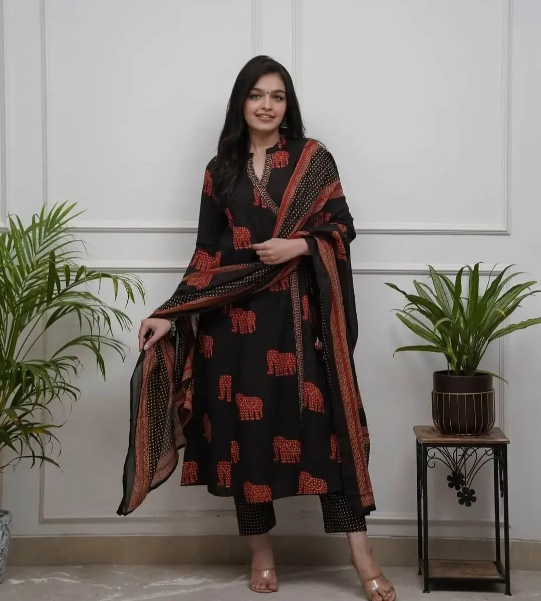 Cotton Black Kurti With Dupatta