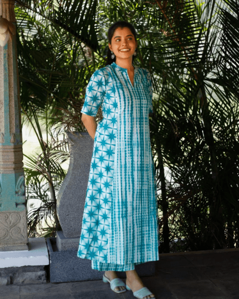 Cotton Teal With White Kurti Pant Set