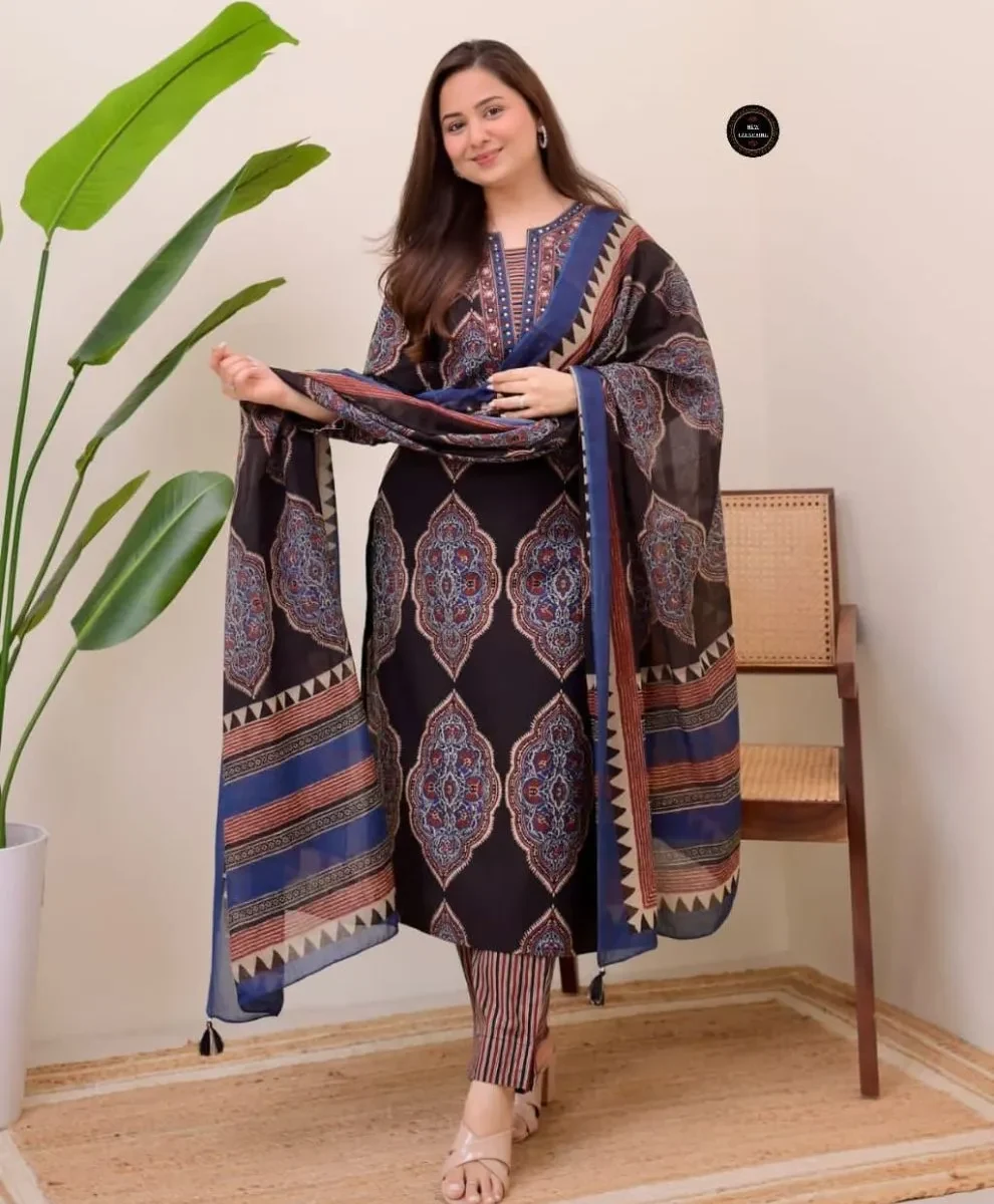 Cotton Black Kurti With Dupatta