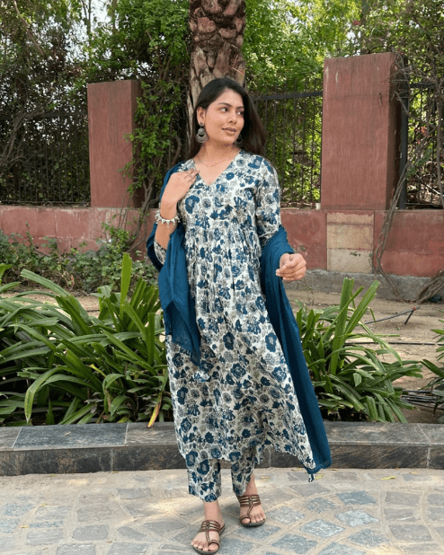 Jaipuri Hand Block Print Angrakha Anarkali Kurti Set