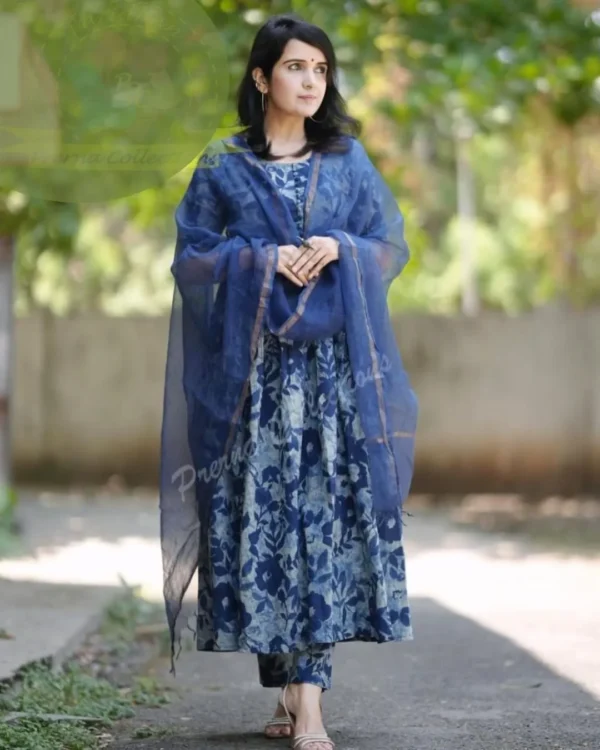 Blue Anarkali Kurti With Pant & Dupatta
