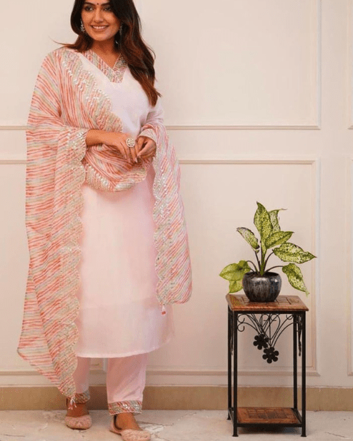 White Kurti Set With Chanderi Dupatta