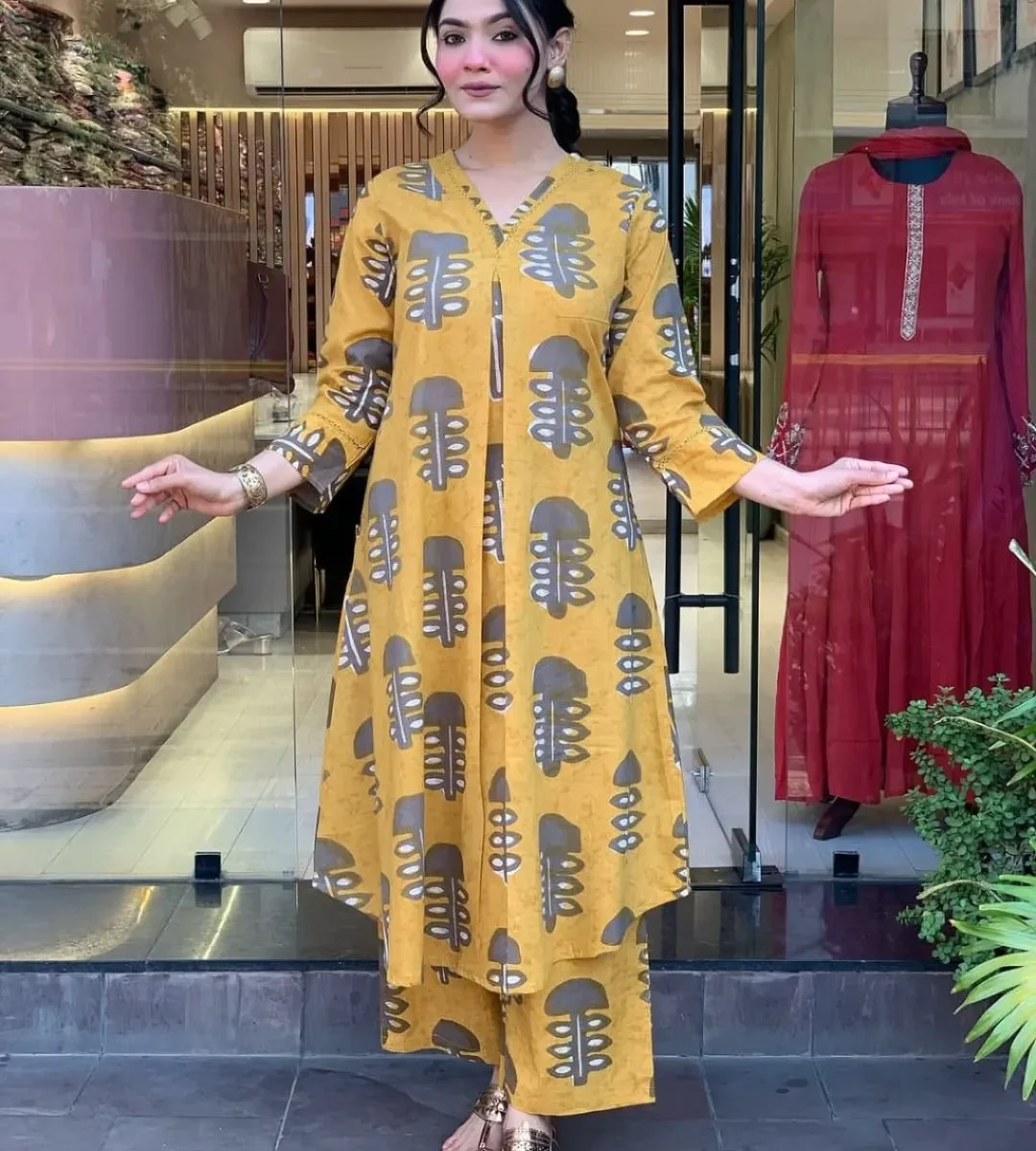 Yellow Floral Kurti With Pant