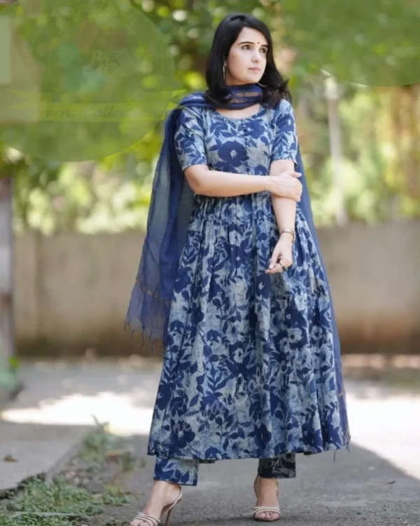 Blue Anarkali Kurti With Pant & Dupatta