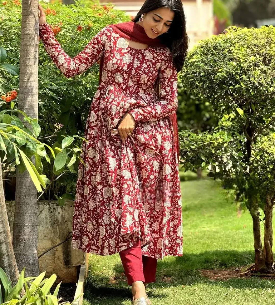 Red Anarkali Kurti With Pant Set