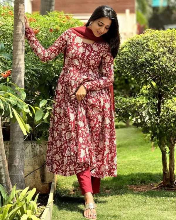 Red Anarkali Kurti With Pant Set