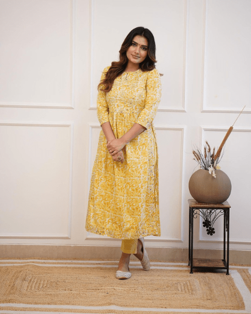 yellow floral print kurti