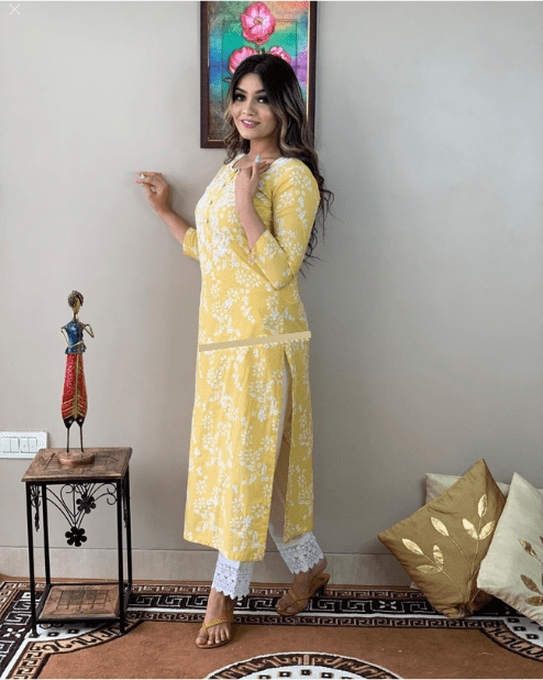 Yellow Floral Kurti With Pant