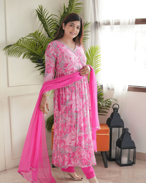 Pink Floral Angrakha Alia Cut Kurti Set