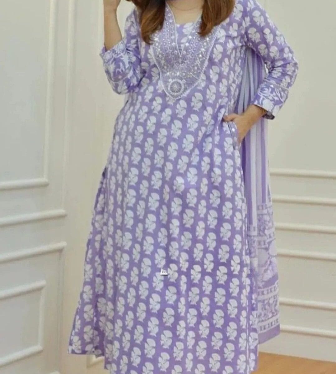 Cotton Lavender Colour Kurti Set 1