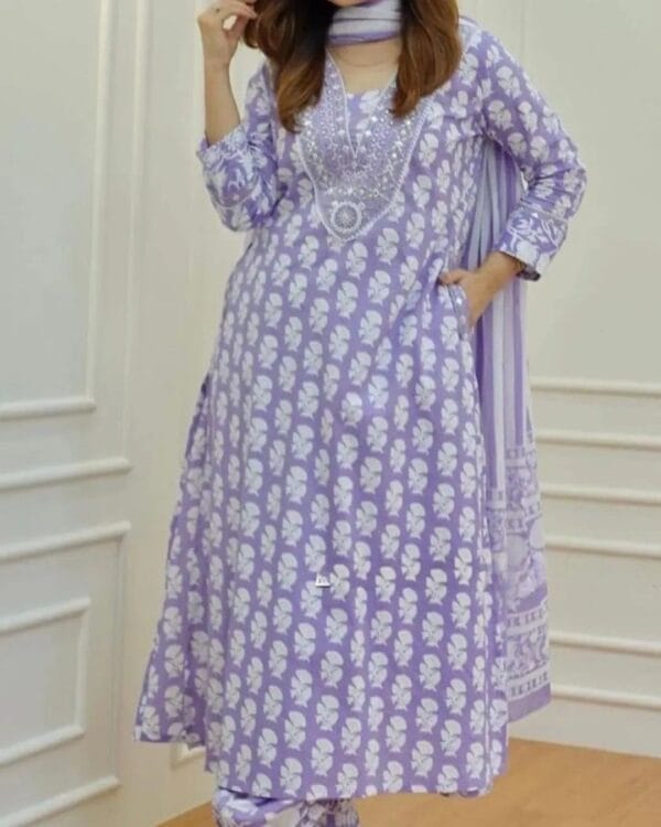 Cotton Lavender Colour Kurti Set 1