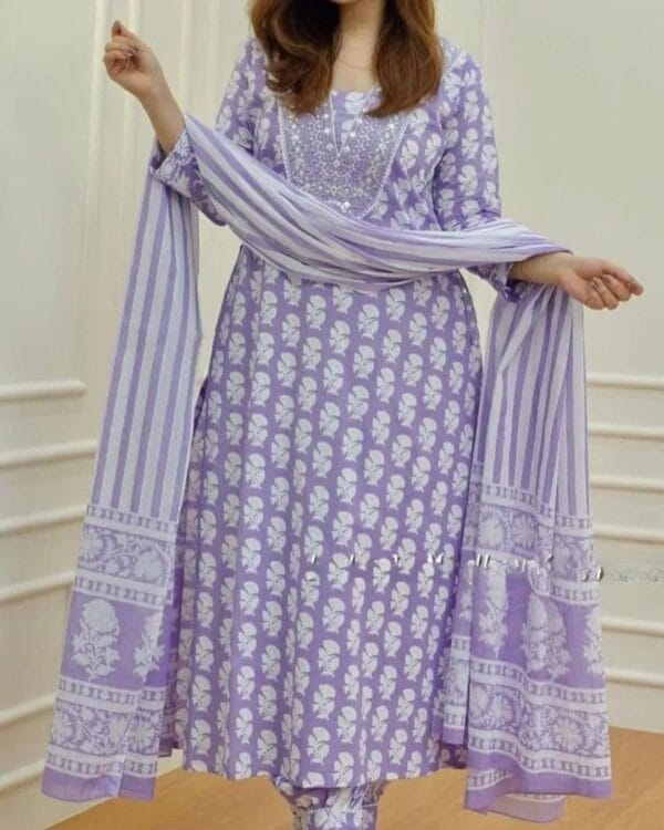 Cotton Lavender Colour Kurti Set