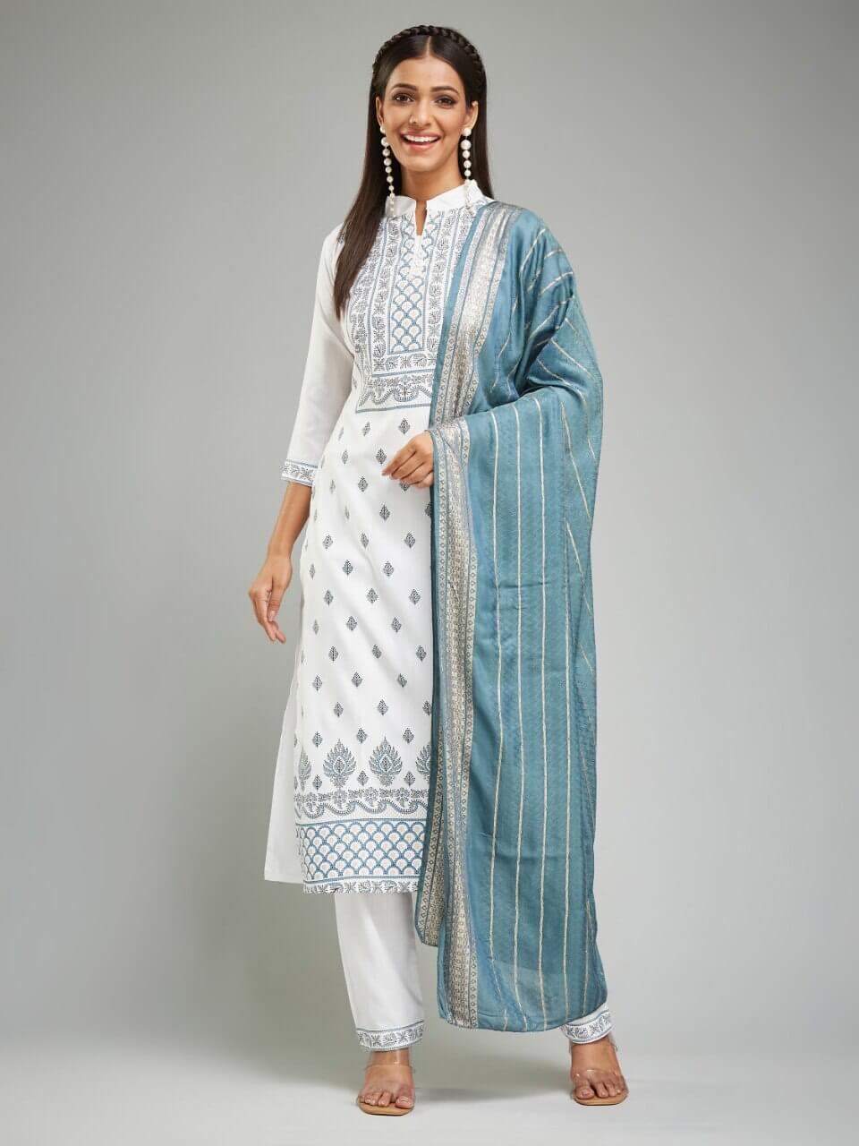 White Kurti Set With Chanderi Dupatta