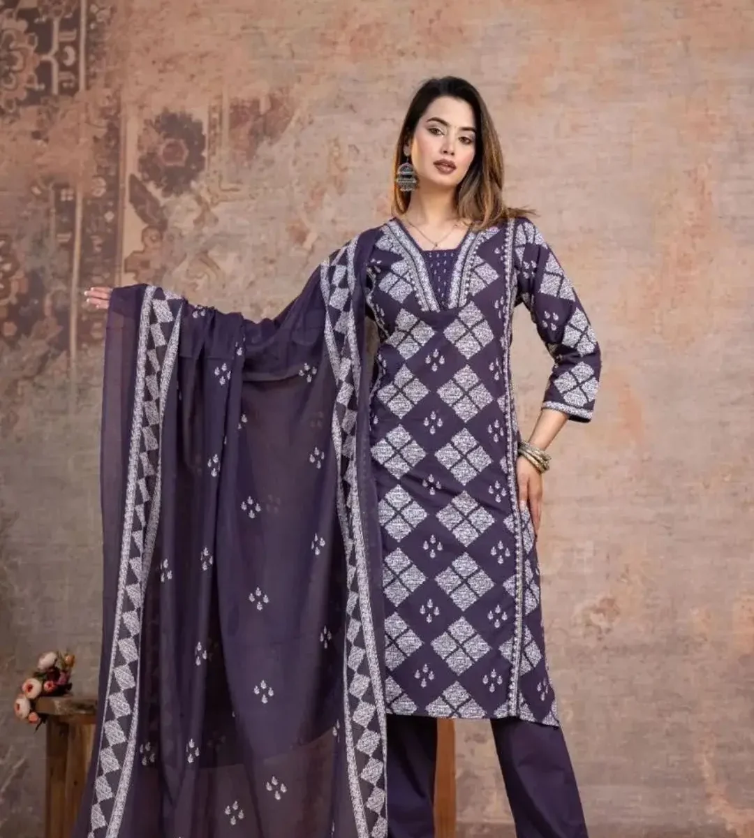 Purple Kurti Set With Dupatta