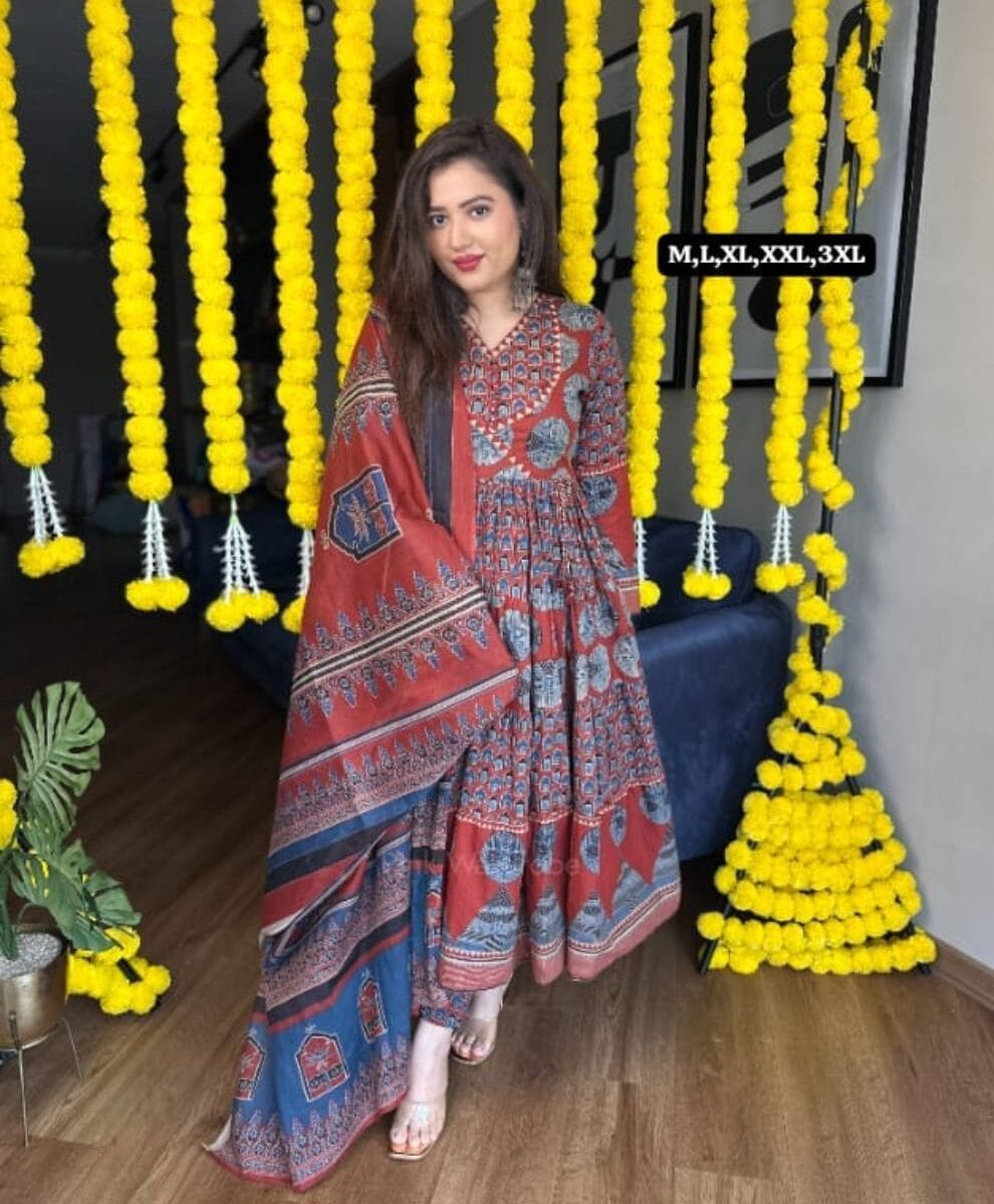 Red Anarkali Kurti With Pant Set 1