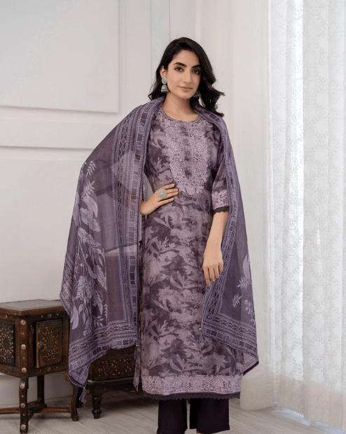 Cotton Purple Kurti Set With MulMul Dupatta