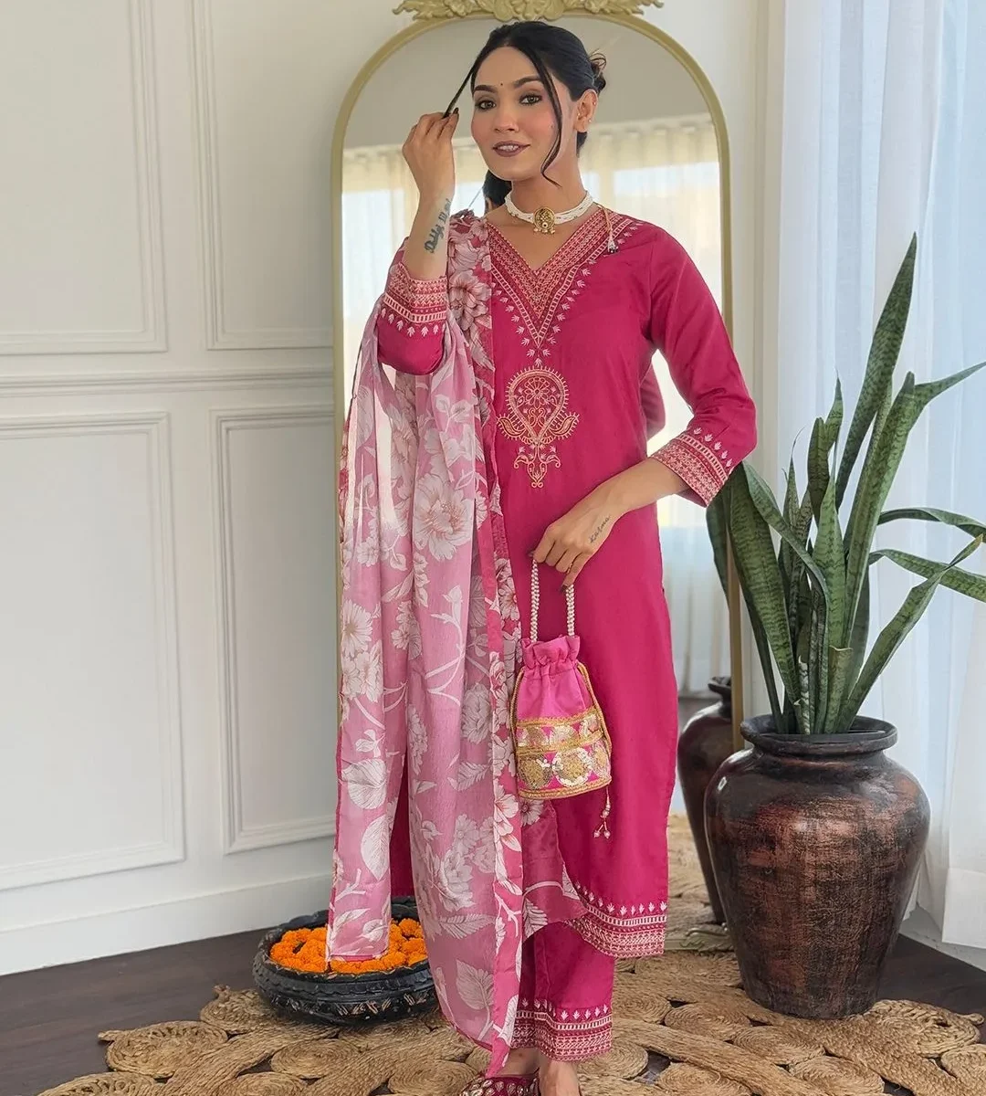 Rayon Pink Kurti Pant Dupatta Set