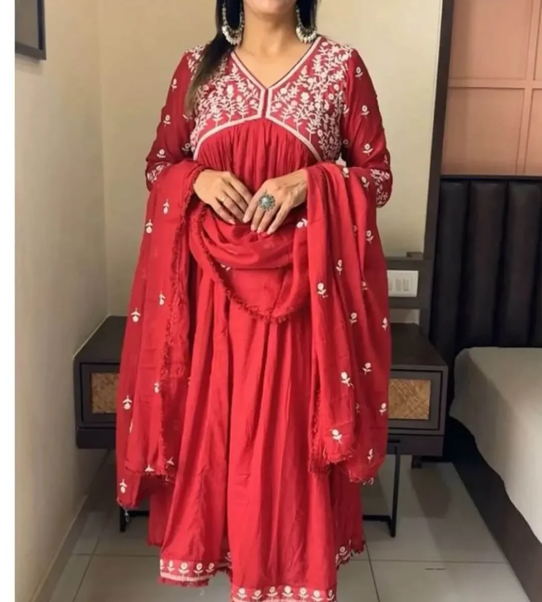 Red Embroidered Kurti Set