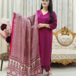 cotton wine red kurti pant & dupatta