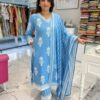 Sky Blue Floral Kurti With Pant