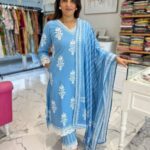 Sky Blue Floral Kurti With Pant