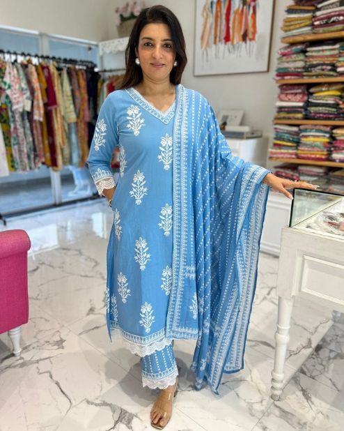 Sky Blue Floral Kurti With Pant