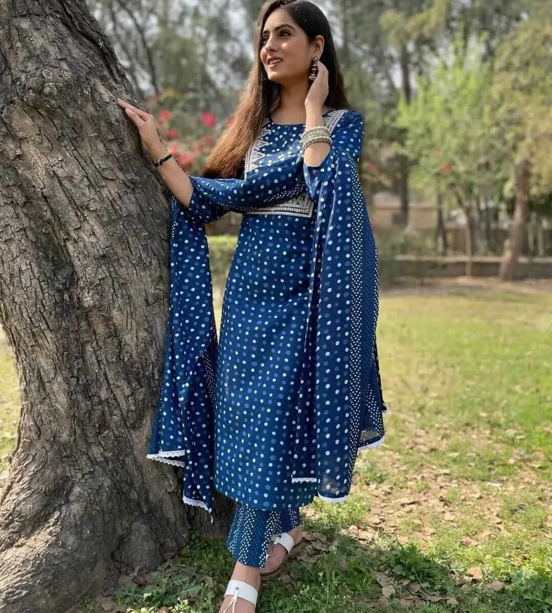 Blue Cotton Kurti Pant With Dupatta