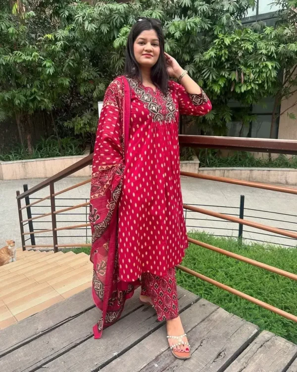 Cotton Deep Red Kurti Set