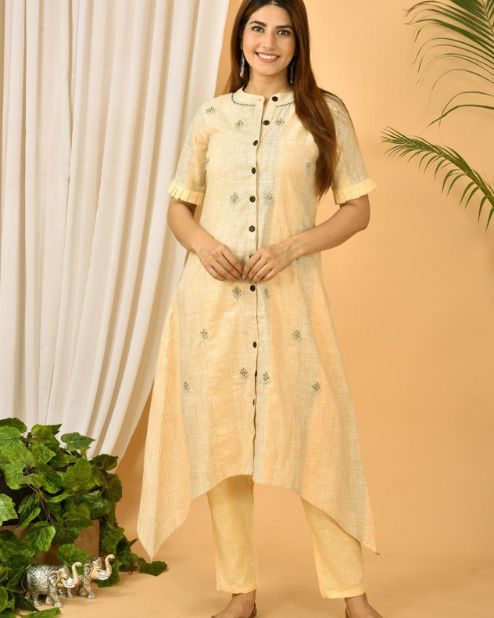 Off White Kurti Combination Pant Set