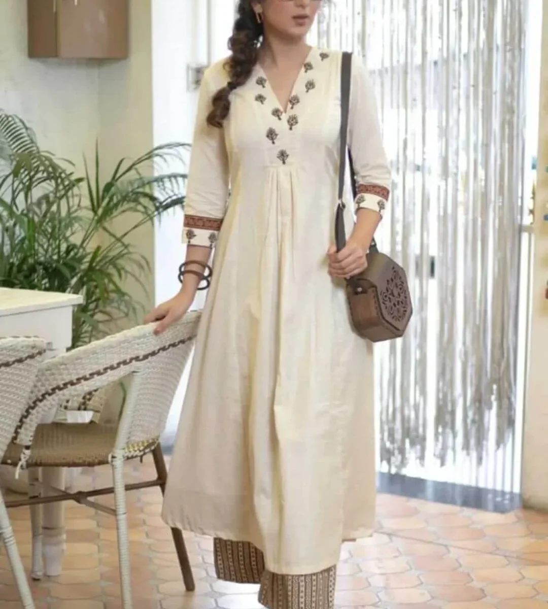 Off White Kurti Combination Pant Set