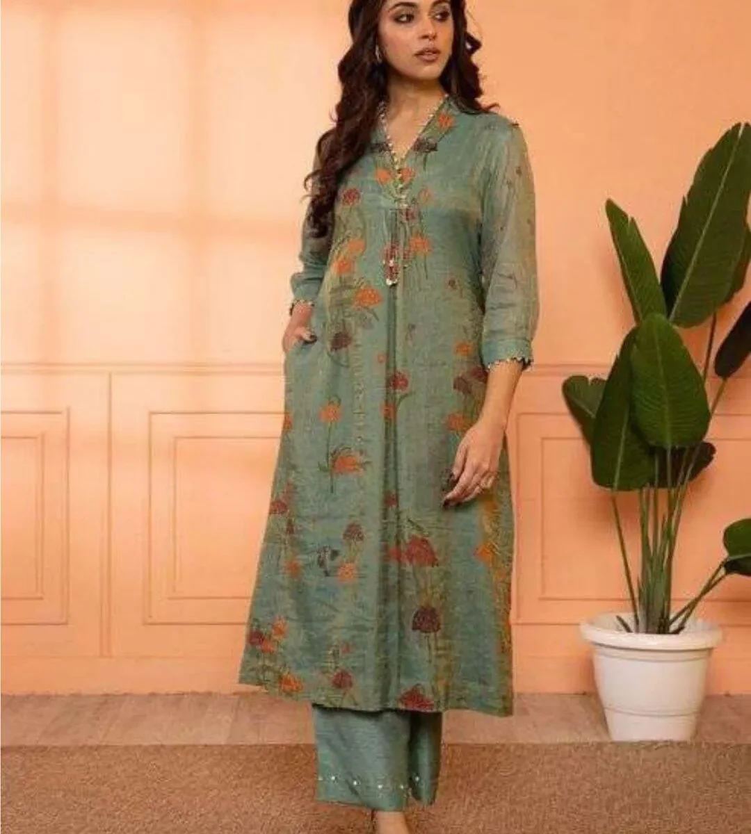Chinon Green Kurti Pant Set