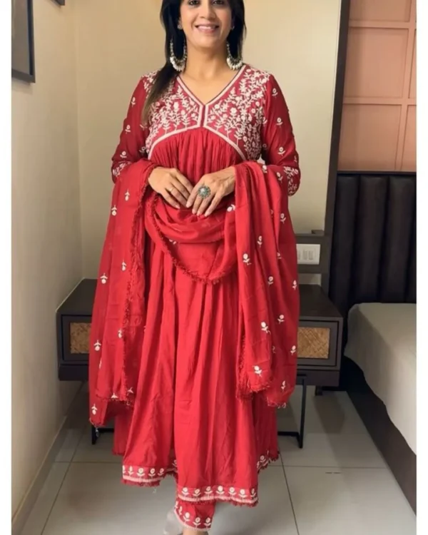 Red Embroidered Kurti Set